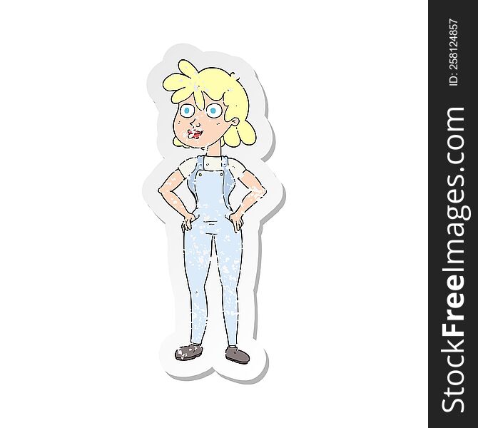retro distressed sticker of a cartoon farmer girl