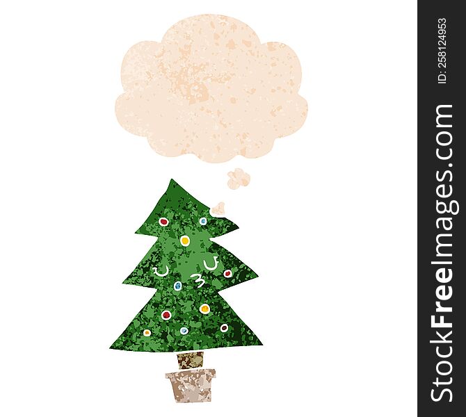 Cartoon Christmas Tree And Thought Bubble In Retro Textured Style