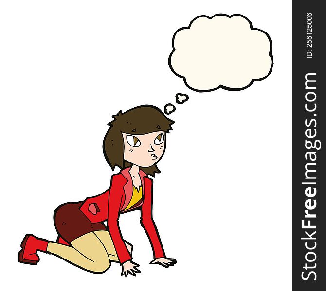 cartoon woman on hands and knees with thought bubble