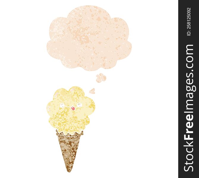 Cartoon Ice Cream And Thought Bubble In Retro Textured Style