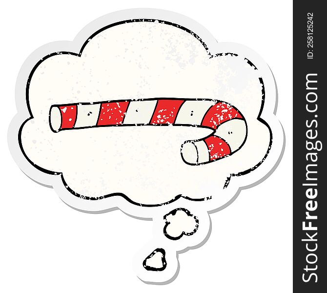 cartoon candy cane with thought bubble as a distressed worn sticker