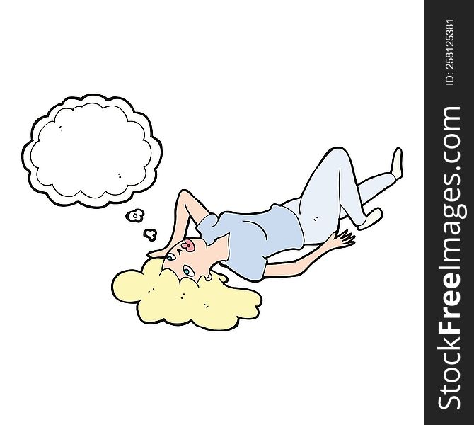 cartoon woman lying on floor with thought bubble