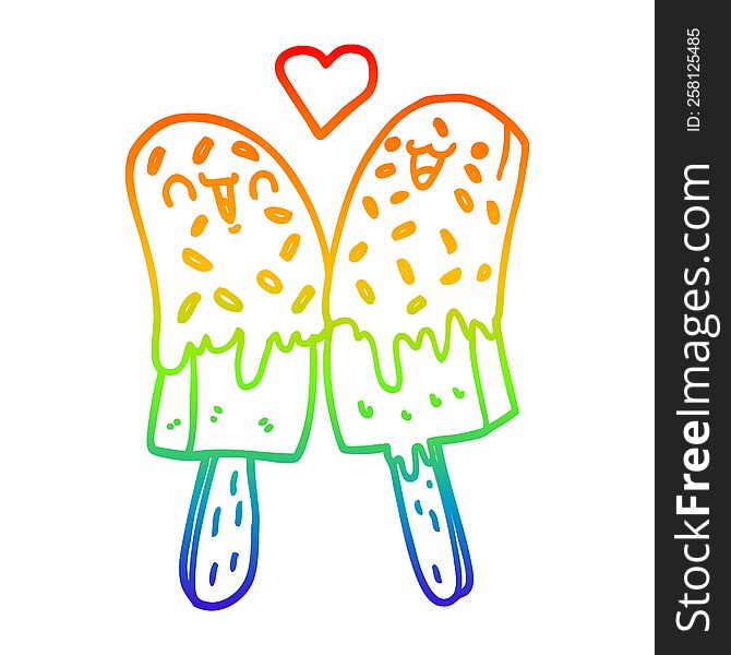 Rainbow Gradient Line Drawing Cartoon Ice Lolly In Love