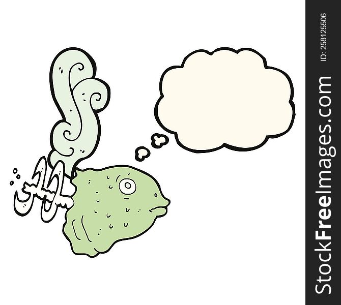 cartoon smelly old fish head with thought bubble