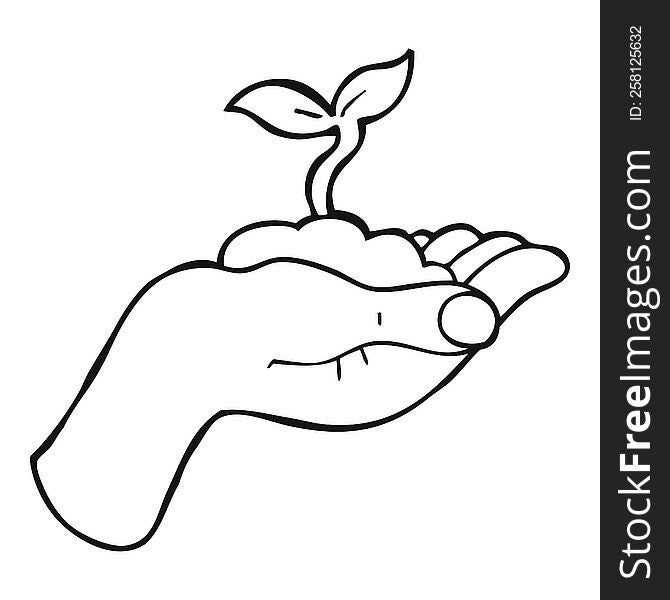 Black And White Cartoon Seedling Growing Held In Hand