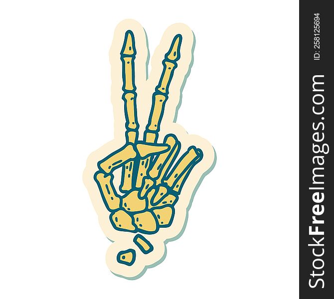 tattoo style sticker of a skeleton hand giving a peace sign