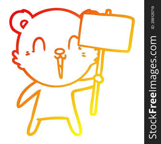 warm gradient line drawing of a happy cartoon bear with placard