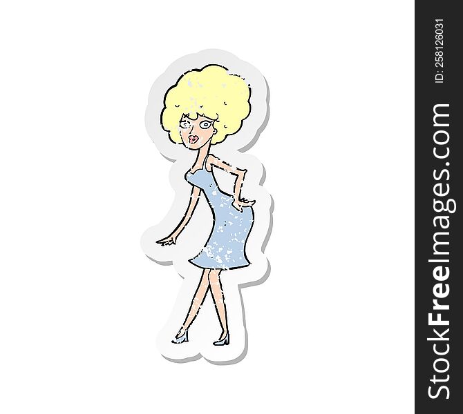 retro distressed sticker of a cartoon woman posing in dress