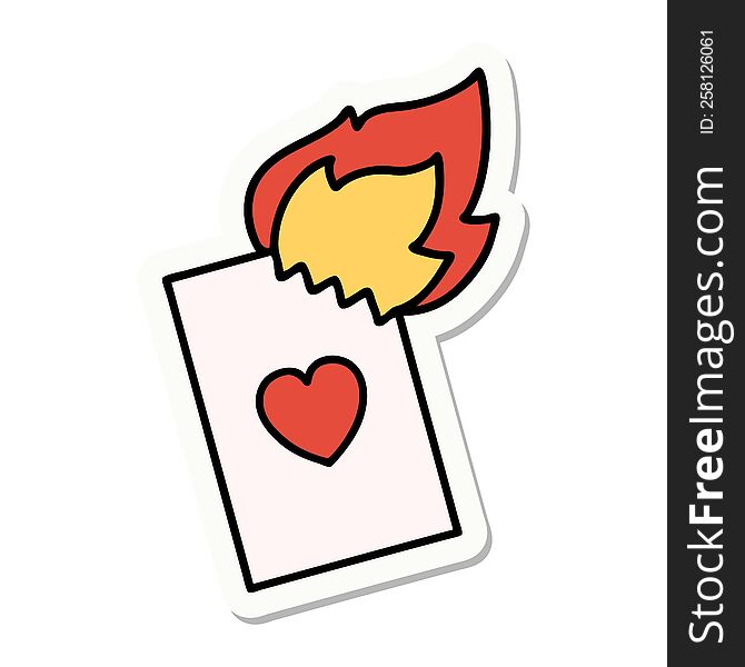 sticker of tattoo in traditional style of a flaming card. sticker of tattoo in traditional style of a flaming card