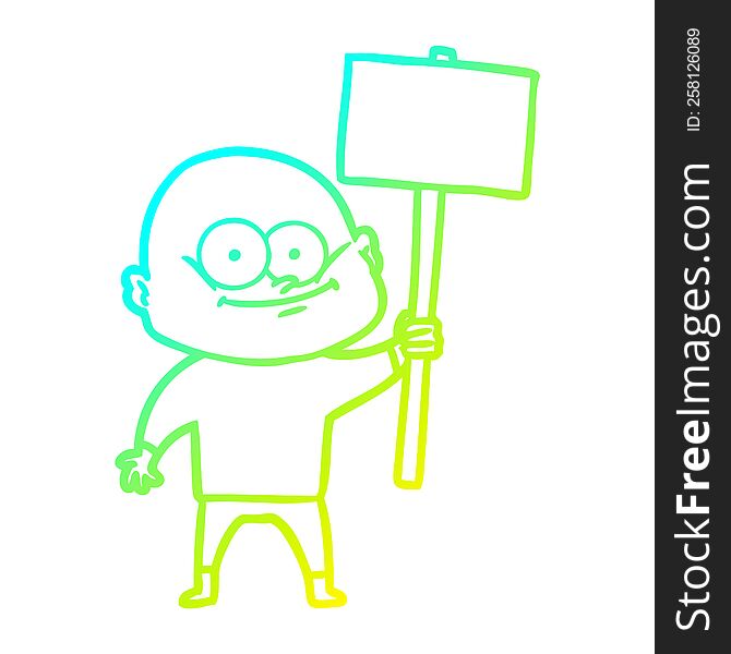 cold gradient line drawing of a cartoon bald man staring with sign