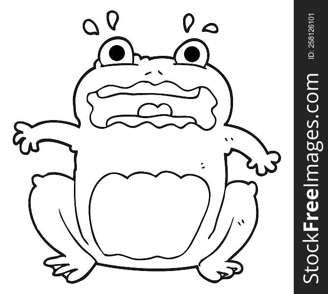 freehand drawn black and white cartoon funny frightened frog
