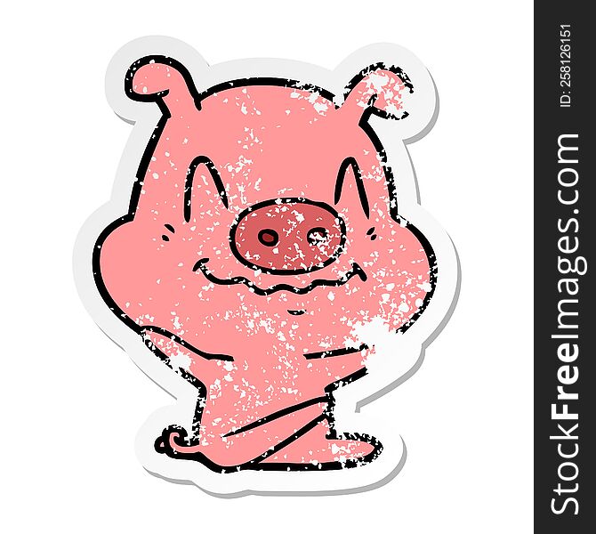 Distressed Sticker Of A Nervous Cartoon Pig Sitting