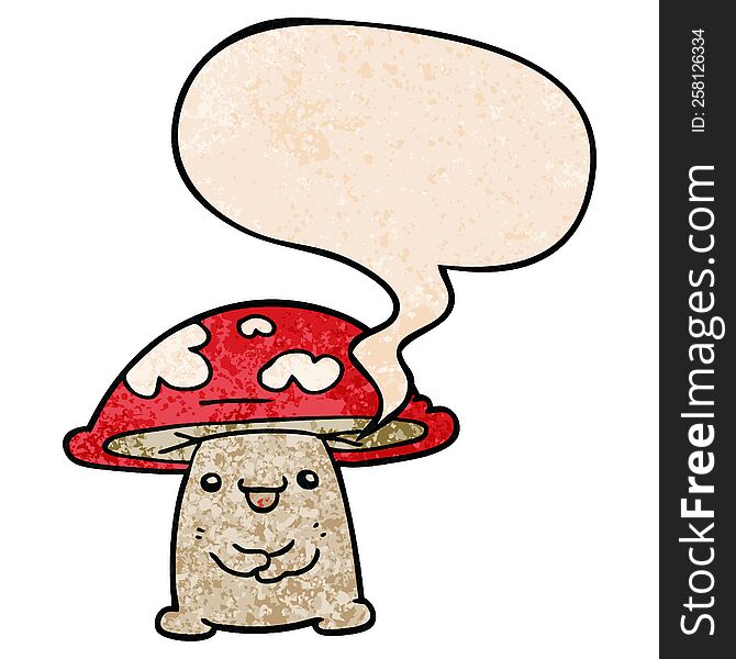 Cartoon Mushroom Character And Speech Bubble In Retro Texture Style