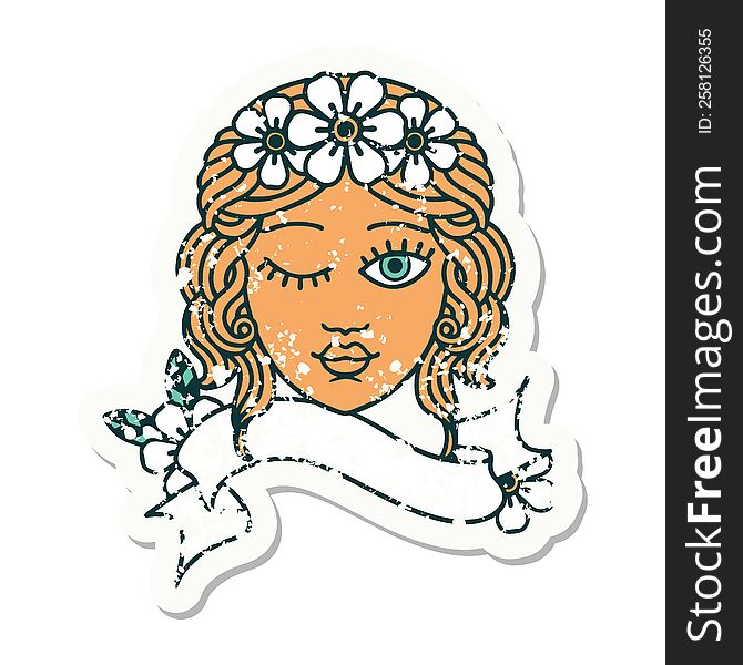 Grunge Sticker With Banner Of A Maidens Face Winking