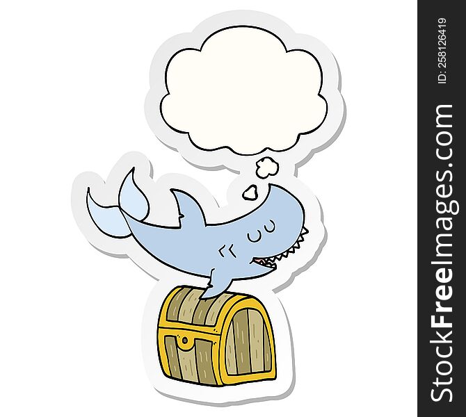 Cartoon Shark Swimming Over Treasure Chest And Thought Bubble As A Printed Sticker