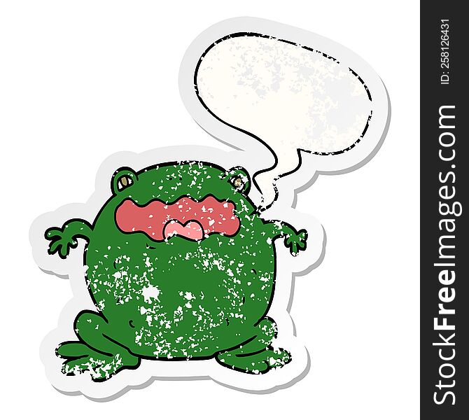 cartoon toad with speech bubble distressed distressed old sticker. cartoon toad with speech bubble distressed distressed old sticker