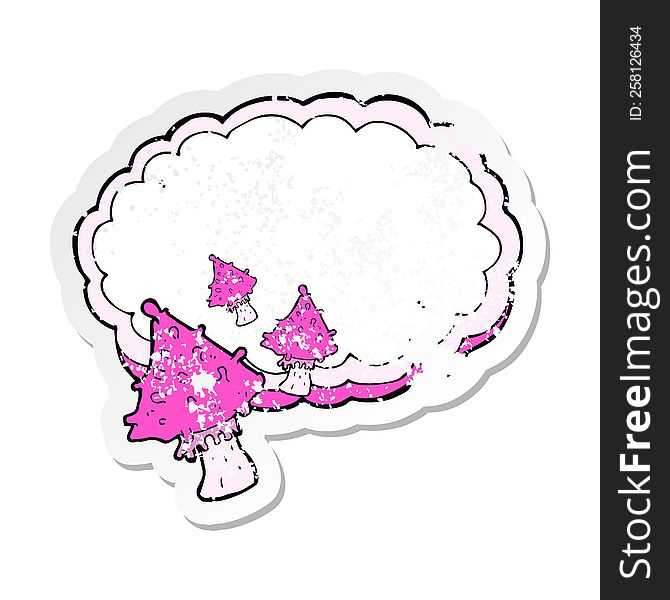 retro distressed sticker of a cartoon mushrooms space text cloud