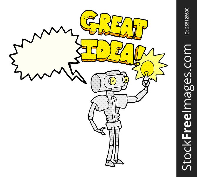 freehand drawn comic book speech bubble cartoon robot with great idea