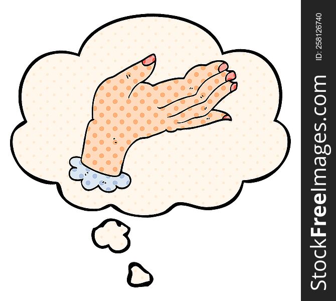 cartoon hand with thought bubble in comic book style