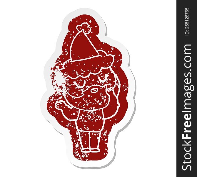 Cartoon Distressed Sticker Of A Man With Beard Wearing Santa Hat