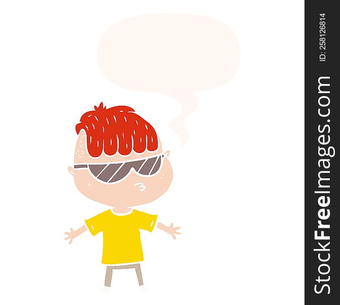 cartoon boy wearing sunglasses with speech bubble in retro style