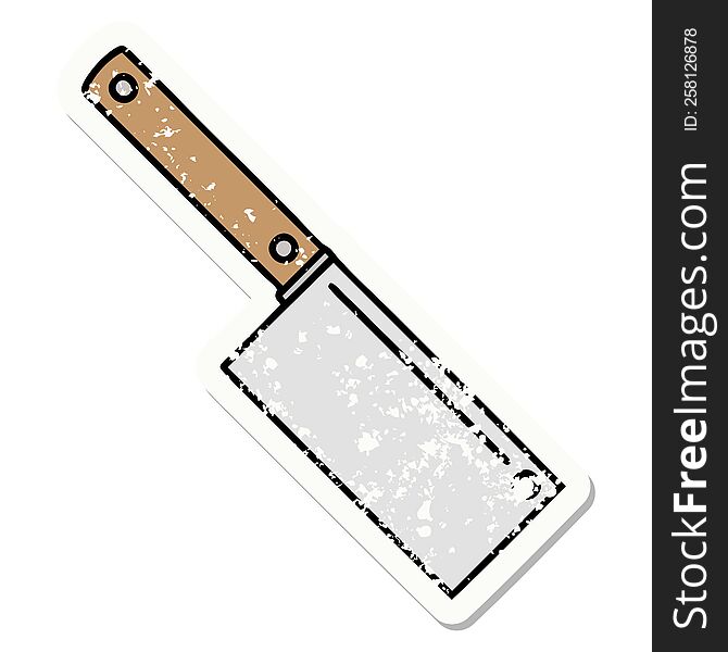 Traditional Distressed Sticker Tattoo Of A Meat Cleaver