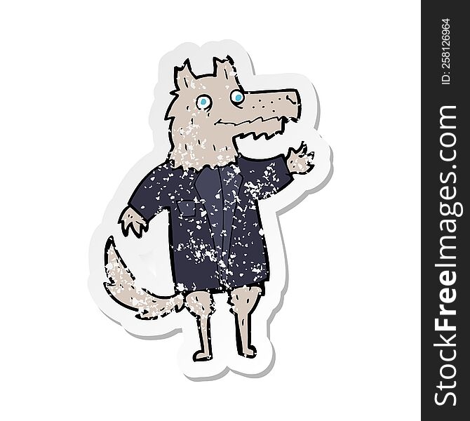 Retro Distressed Sticker Of A Cartoon Wolf Businessman