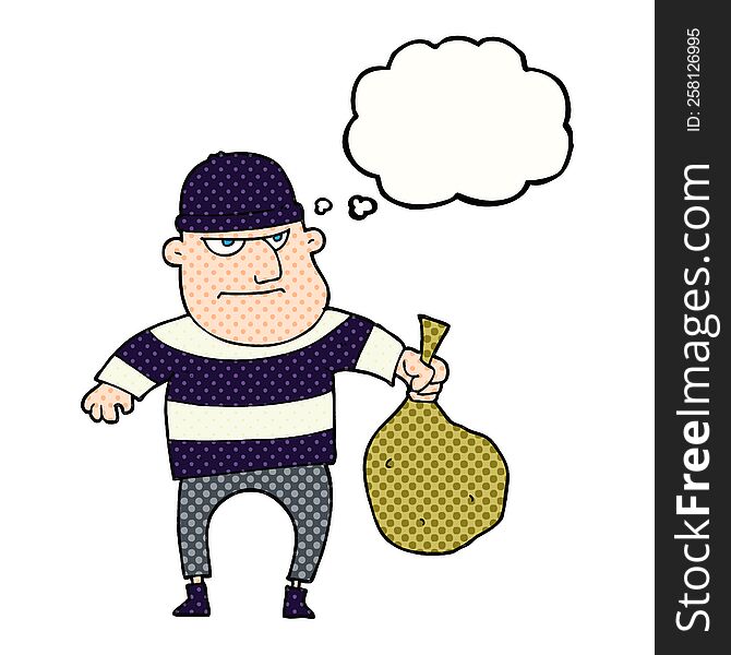 freehand drawn thought bubble cartoon burglar with loot bag