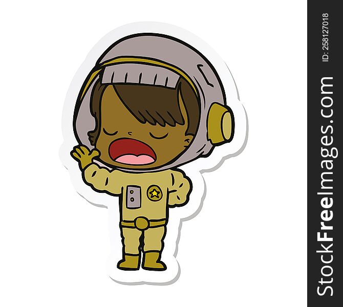 sticker of a cartoon astronaut woman explaining