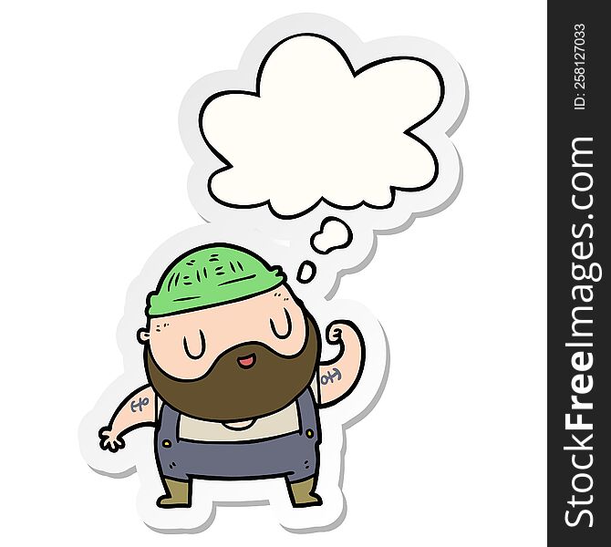 Cartoon Dock Worker And Thought Bubble As A Printed Sticker