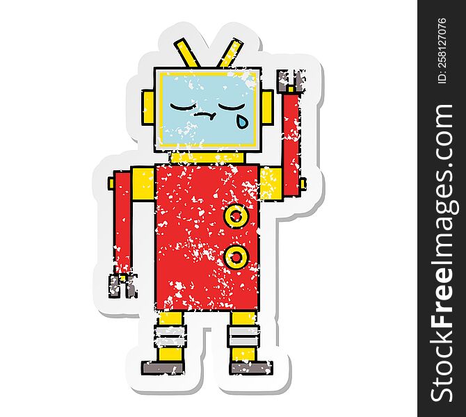 Distressed Sticker Of A Cute Cartoon Crying Robot