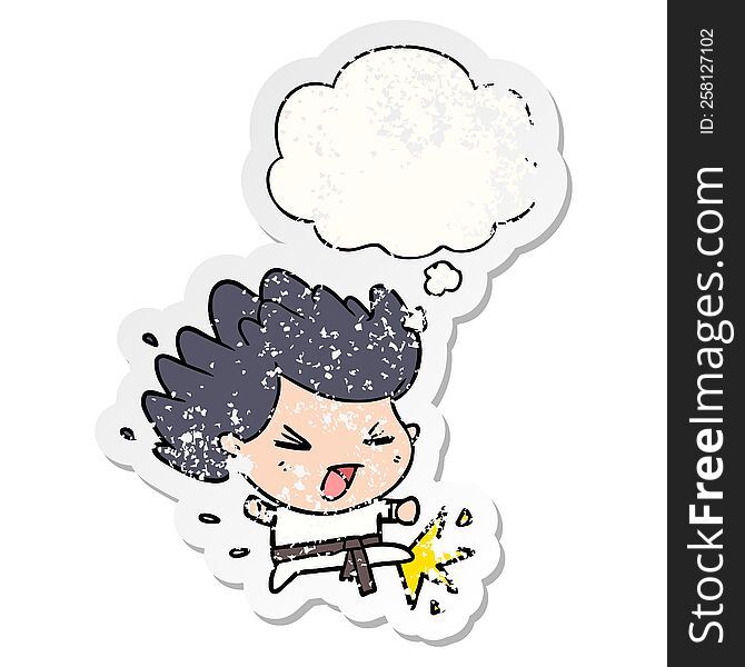 cartoon kicking karate champ with thought bubble as a distressed worn sticker