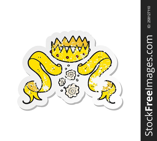 Retro Distressed Sticker Of A Cartoon Crown And Scroll