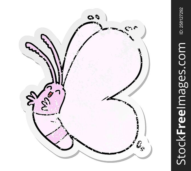 distressed sticker of a funny cartoon butterfly