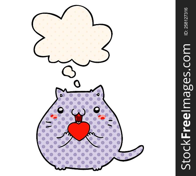 cute cartoon cat in love and thought bubble in comic book style