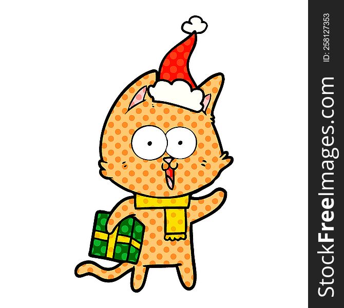 funny hand drawn comic book style illustration of a cat wearing santa hat. funny hand drawn comic book style illustration of a cat wearing santa hat