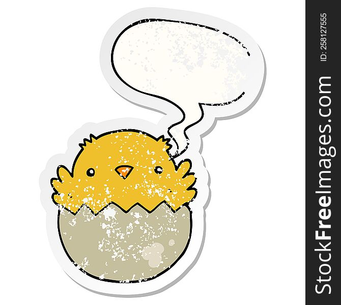 cartoon chick hatching from egg with speech bubble distressed distressed old sticker. cartoon chick hatching from egg with speech bubble distressed distressed old sticker