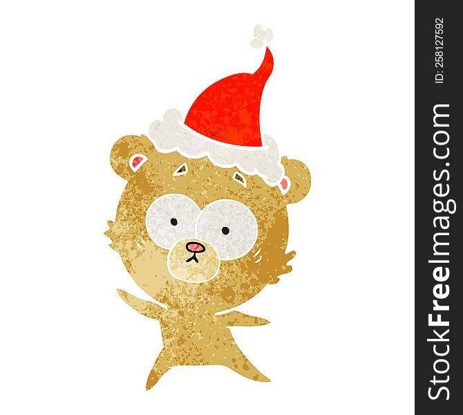 Anxious Bear Retro Cartoon Of A Wearing Santa Hat