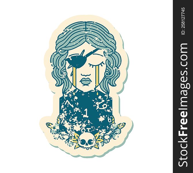 grunge sticker of a crying human rogue with natural one d20 roll. grunge sticker of a crying human rogue with natural one d20 roll