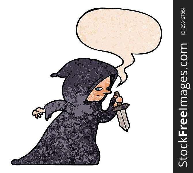 cartoon assassin in dark robe with speech bubble in retro texture style