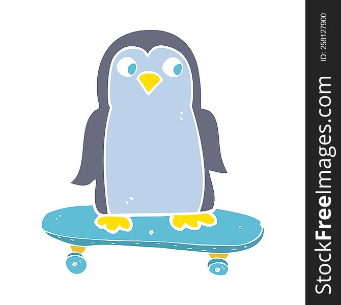 Flat Color Illustration Of A Cartoon Penguin Riding Skateboard