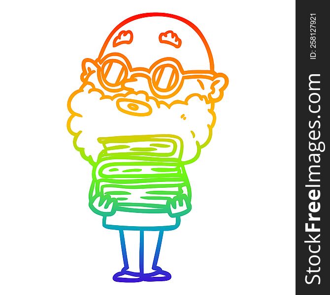 rainbow gradient line drawing of a cartoon curious man with beard and glasses