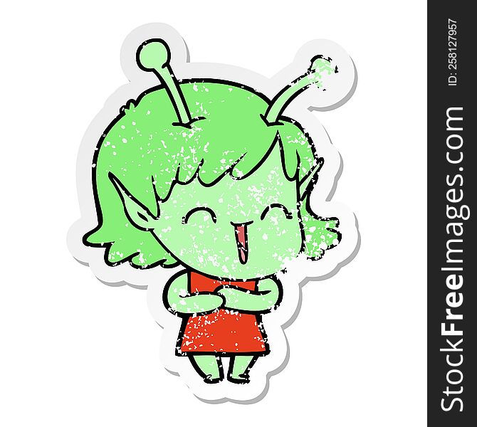 Distressed Sticker Of A Cartoon Happy Alien Girl