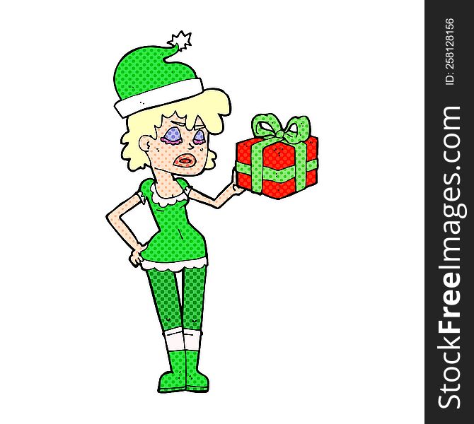 cartoon santa\'s helper woman with present. cartoon santa\'s helper woman with present