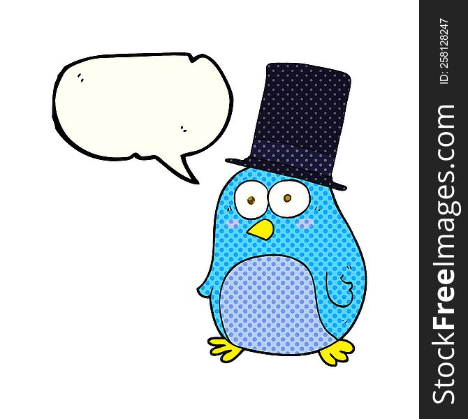 freehand drawn comic book speech bubble cartoon bird wearing top hat