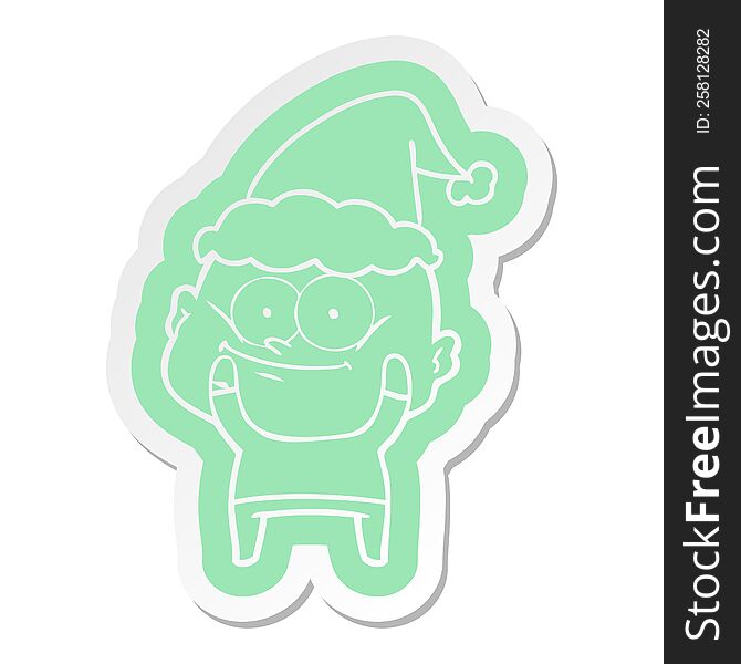 Cartoon  Sticker Of A Bald Man Staring Wearing Santa Hat