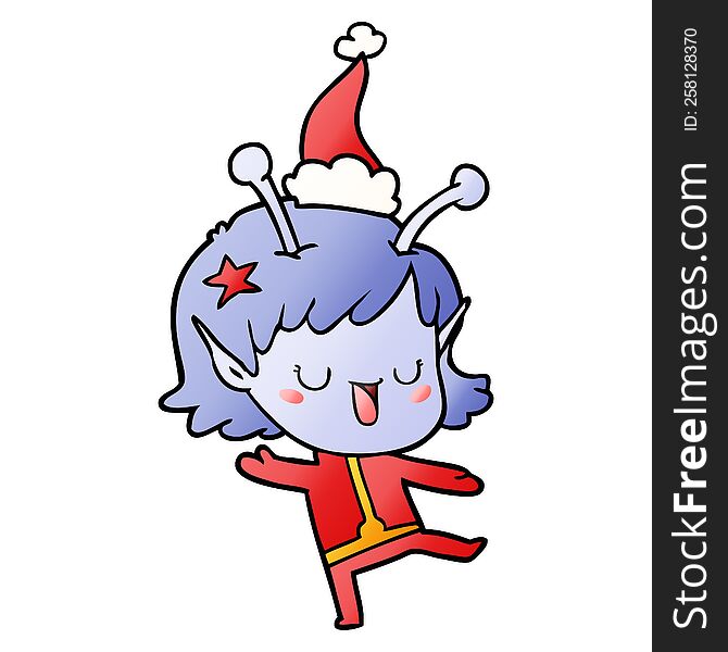 happy alien girl hand drawn gradient cartoon of a wearing santa hat. happy alien girl hand drawn gradient cartoon of a wearing santa hat