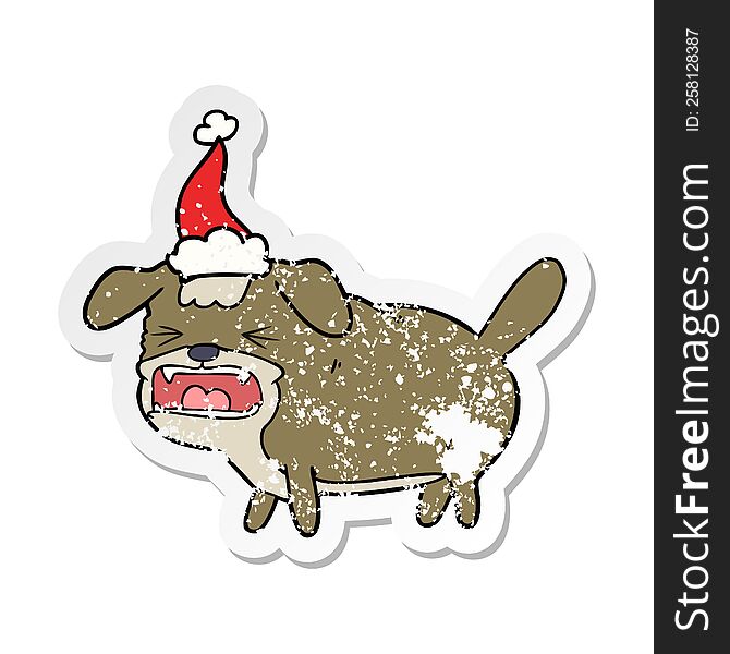 distressed sticker cartoon of a dog barking wearing santa hat