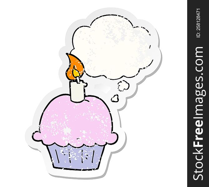 Cartoon Birthday Cupcake And Thought Bubble As A Distressed Worn Sticker