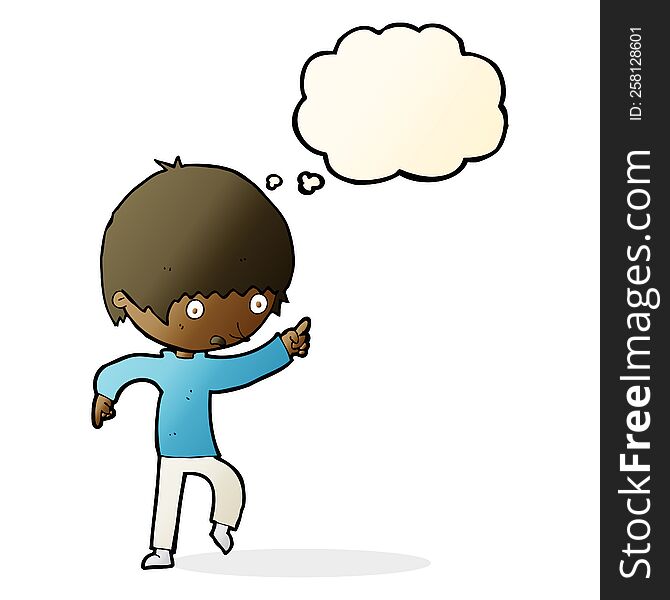Cartoon Worried Boy Pointing With Thought Bubble